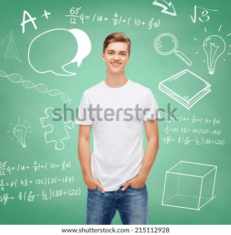 t-shirt design, education, school, advertising and people concept - smiling young man in blank white t-shirt over green board background with doodles