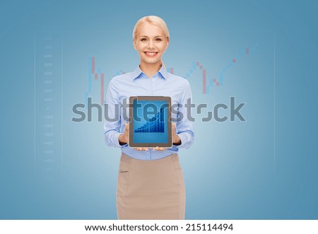 business, internet and technology concept - businesswoman showing tablet pc computer screen with graph