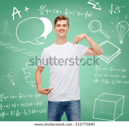 gesture, advertising, education, school and people concept - smiling young man in blank white t-shirt pointing finger on himself over green board background with doodles