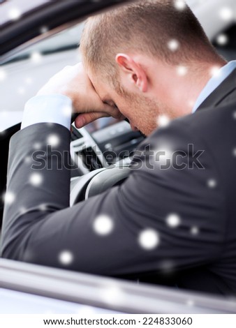 transportation, danger, people and vehicle concept - close up of businessman sitting and sleeping in car