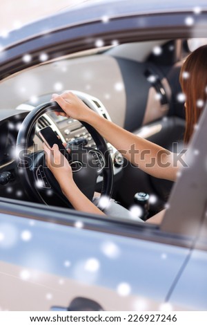 transportation, people, technology and vehicle concept - close up of woman using smartphone while driving car