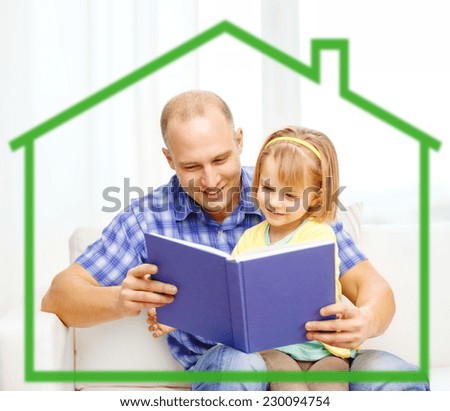 family, children, education, school and happy people concept - smiling father and daughter reading book at home behind green house symbol