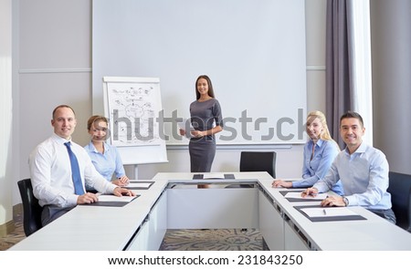 business, people and teamwork concept - group of smiling businesspeople meeting on presentation in office