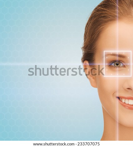 health, medicine, identity, vision and people concept - smiling beautiful young woman with laser light lines on her eye over blue background