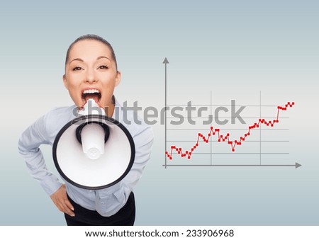 business, people and announcement concept - screaming businesswoman with megaphone over gray background and forex graph going up