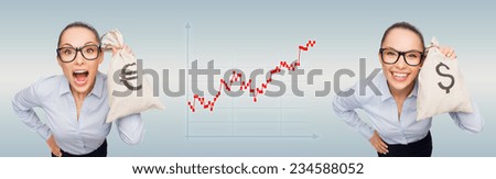 business, money and people concept - smiling businesswomen in eyeglasses holding money bags with dollar and euro over gray background with forex graph