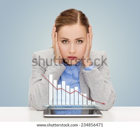 business, technology, internet and office concept - businesswoman with tablet pc computer and forex graph over gray background