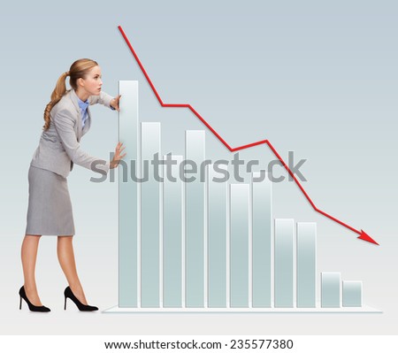 business, crisis, fail, statistics and people concept - busy businesswoman pushing graph falling down over gray background