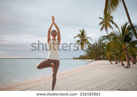 fitness, sport, people and lifestyle concept - young woman making yoga exercises on beach from back