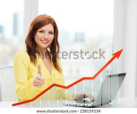 people, technology, statistic sand business concept - smiling woman with laptop computer and growth chart showing thumbs up at home