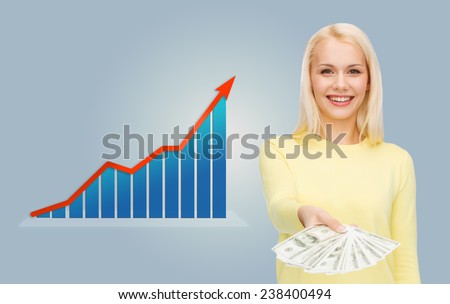 business, people and finances concept - smiling young woman with growth chart and dollar money over gray background