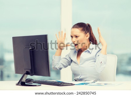 business, office, school, problem, crisis, stress and education concept - stressed businesswoman with computer and documents at work