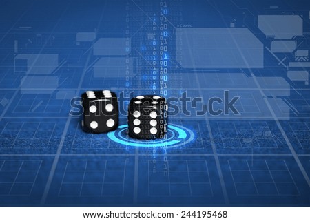 gambling, fortune, game, technology and entertainment concept - close up of black dice on blue casino table and virtual projection