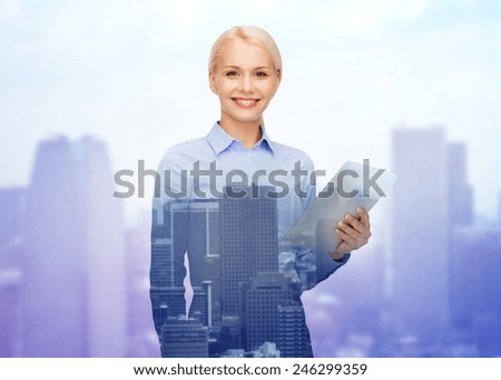 business, people and technology concept - double exposure of smiling businesswoman with tablet pc computer over city background