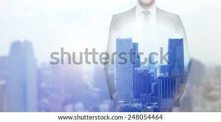 business, people and technology concept - double exposure of businessman over city background