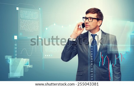 business, money, technology and office concept - buisnessman with cell phone and forex chart