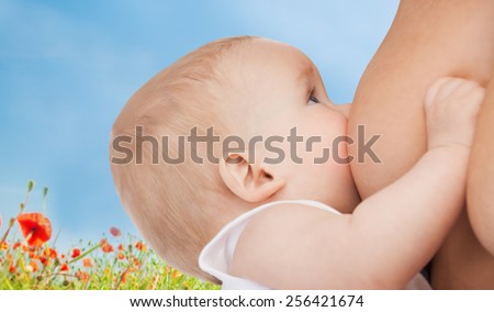 motherhood, children, people and care concept - close up of mother breast feeding adorable baby over blue sky and poppy field background