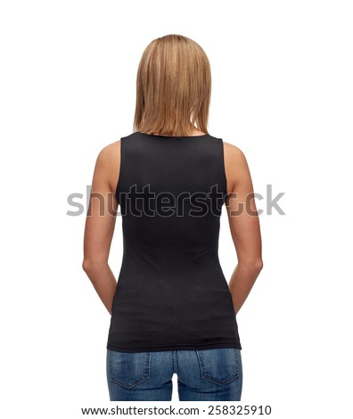 t-shirt design, advertisement and people concept - smiling woman in blank black tank top