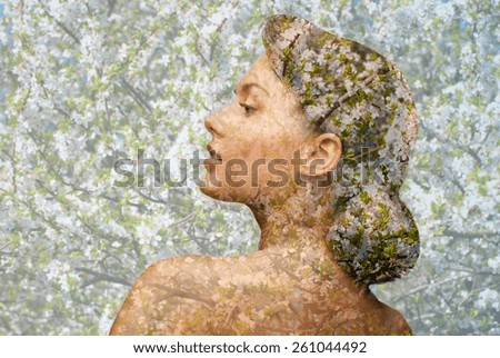 beauty, people, spring, summer season and health concept - young woman face silhouette over blooming tree floral pattern and double exposure effect