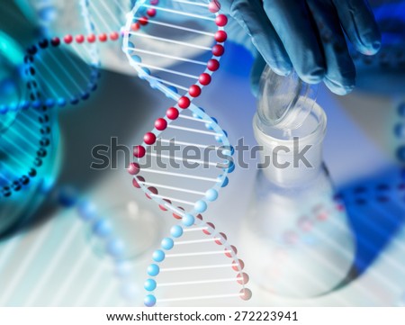 science, chemistry, biology, medicine and people concept - close up of scientist hand pouring chemical powder into flask making test or research in clinical laboratory over dna molecule structure