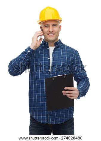 repair, building, construction and maintenance concept - smiling man or builder in helmet with clipboard calling on smartphone