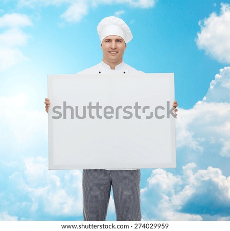 cooking, profession, advertisement and people concept - happy male chef cook holding and showing white blank big board over blue sky with clouds background