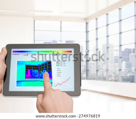 home, housing, people and technology concept - close up of man hands pointing finger to tablet pc computer and regulating room temperature over empty flat background