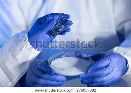 science, chemistry and people concept - close up of scientists hands with glass and chemical powder in petri dish making test or research at laboratory