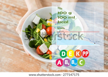healthy eating, dieting, food and people concept - close up of woman hands showing salad bowl with calories and vitamin chart
