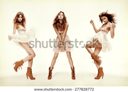 fashion and glamour concept - triple image of the same fashion model in different poses