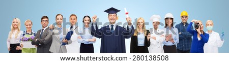 people, profession, education and success concept - happy bachelor with diploma over different workers and blue background