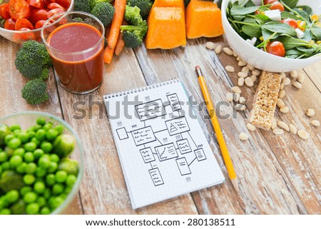 healthy eating, vegetarian food, advertisement and culinary concept - close up of ripe vegetables and notebook with scheme on wooden table