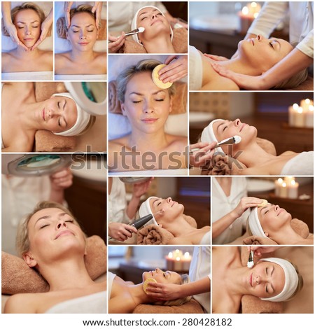 beauty, healthy lifestyle and relaxation concept - collage of many pictures with beautiful young woman having facial massage and treatments by cosmetologist at spa salon