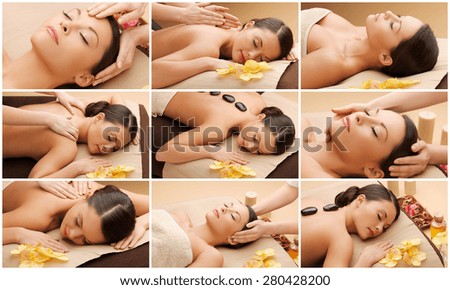 beauty, healthy lifestyle and relaxation concept - collage of many pictures with beautiful asian woman having facial or body massage in spa salon
