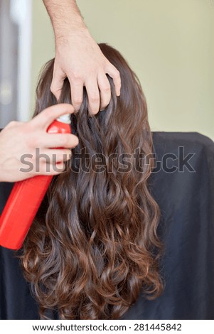 beauty, hairstyle and people concept - closeup of woman head and stylist hands with hair spray making hairdo at salon
