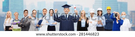 people, profession, education and success concept - happy bachelor with diploma over different workers over city background