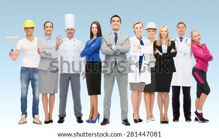 people, profession, qualification, employment and success concept - happy businessman with group of professional workers over blue background