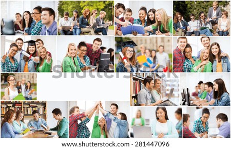 education concept - collage with many pictures of students in college, university or high school with copyspace