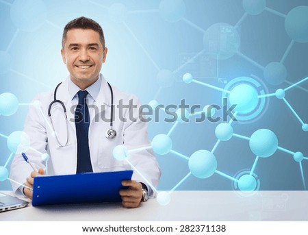medicine, profession, technology and people concept - happy male doctor with clipboard and stethoscope over blue molecular structure background