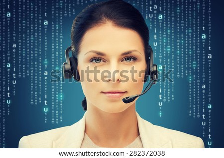 business, office, technology, future concept - friendly female helpline operator