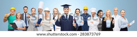 people, profession, education, gesture and success concept - happy bachelor with diploma showing ok sign over different workers and blue background
