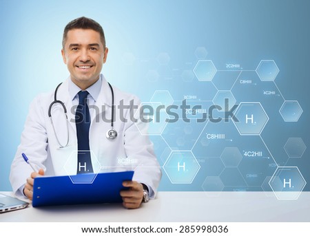 medicine, profession, technology and people concept - happy male doctor with clipboard and stethoscope over blue background with hydrogen chemical formula