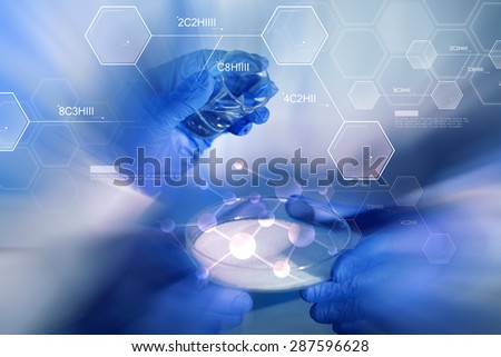 science, chemistry and people concept - close up of scientists hands with glass and chemical powder in petri dish making test or research at laboratory over blue molecule formula