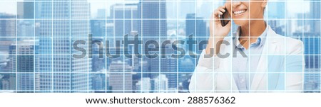 business, people and communication concept - smiling african american businesswoman calling on smart phone over city and blue grid background