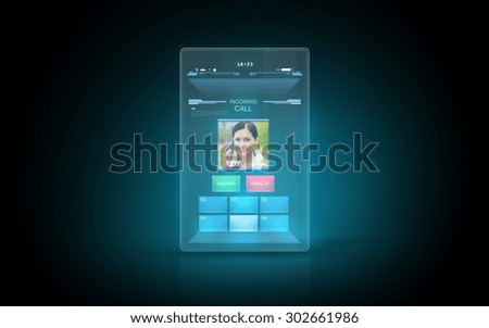 modern technology, communication and futuristic concept - illuminating virtual tablet with video call interface on screen
