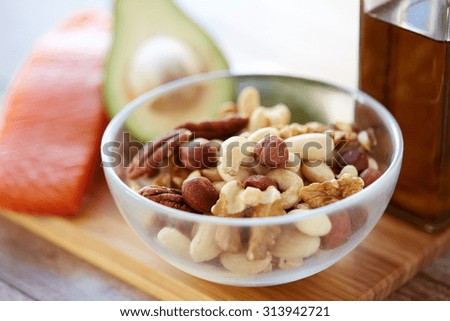 healthy eating, protein food, diet and culinary concept - close up of nut mix in glass bowl on table