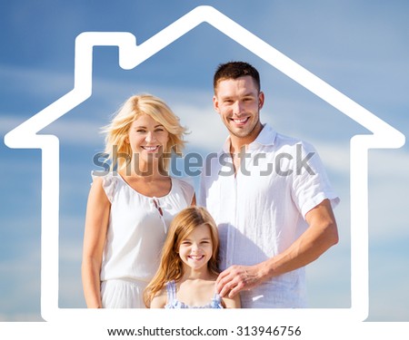 home, happiness and real estate concept - happy family over blue sky background and house shaped illustration