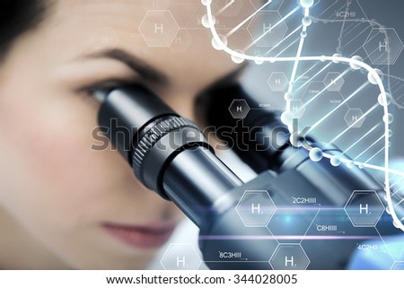 science, chemistry, technology, biology and people concept - close up of female scientist looking to microscope in clinical laboratory over hydrogen chemical formula and dna molecule structure