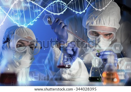 science, chemistry, biology, medicine and people concept - close up of scientists with pipette and flasks making test in clinical laboratory over hydrogen chemical formula and dna molecule structure