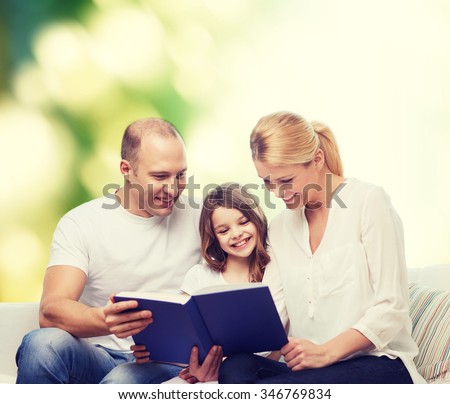 family, childhood, ecology and people - smiling mother, father and little girl reading book over green background